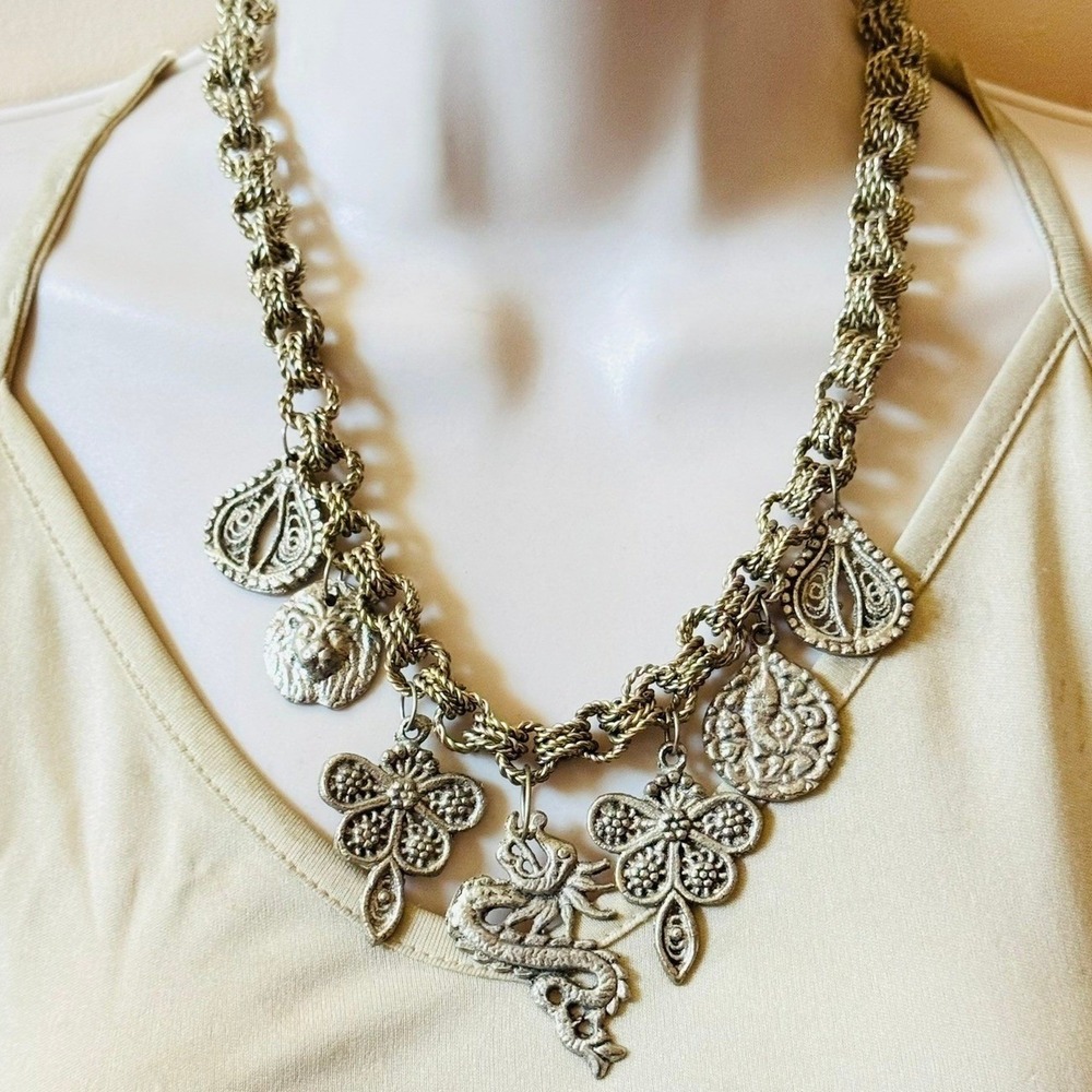 Charm Dangle Dragon Fish Necklace VTG Statement Silver Coin Rolo Chain metal 19"